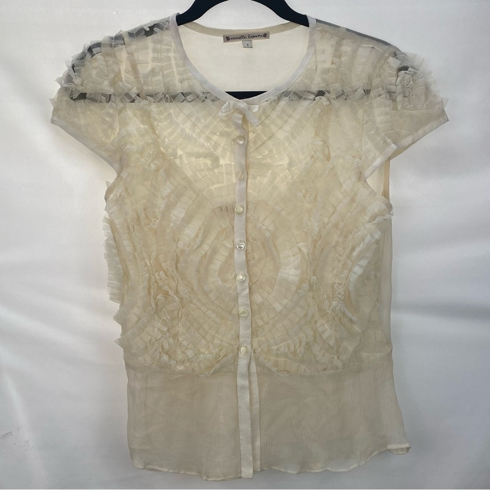 Nanette Lepore sheer cream button front ruffled lace blouse with camisole size 6